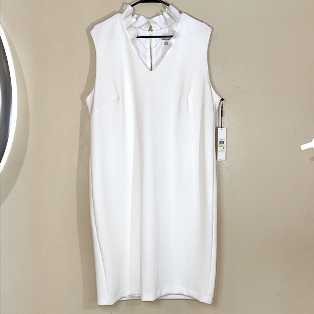 NWT Calvin Klein White dress Ruffled Collar Scuba Sheath Sleeveless 18W